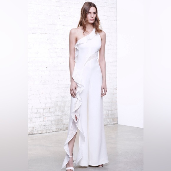 Jonathan Simkhai Diamond Mesh One Shoulder Jumpsuit in White Size 10 - Picture 3 of 16